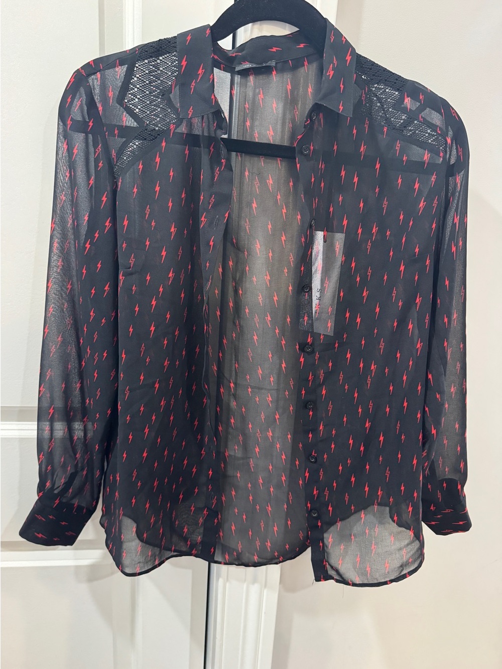 IKKS • Women’s Mesh & Lightning Bolt Print Viscose See-Thru Shirt Blouse 36/US4